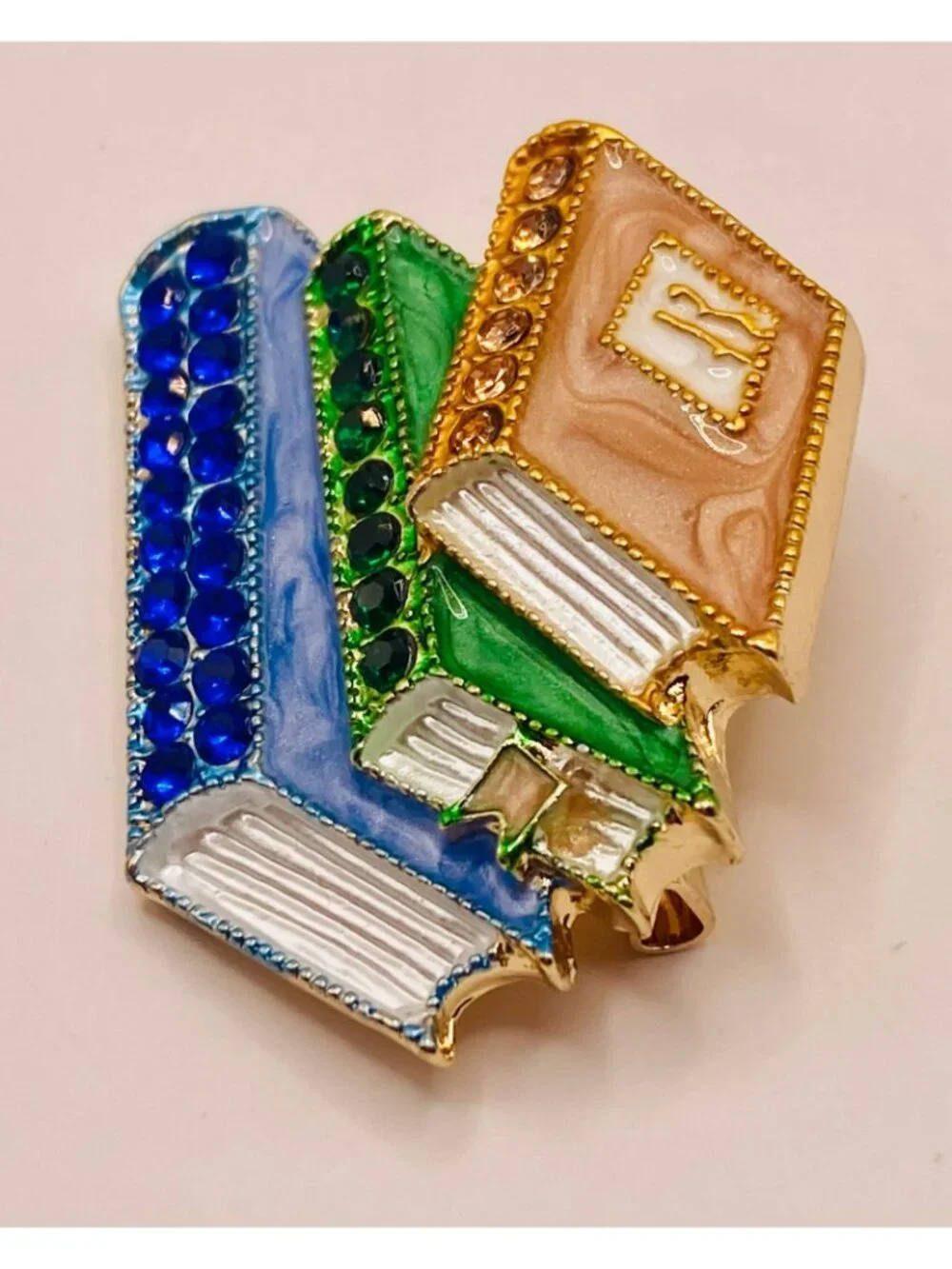 Stacked Books Enamel & Rhinestone Gold-Tone Brooch Pin Multicolor -26B
